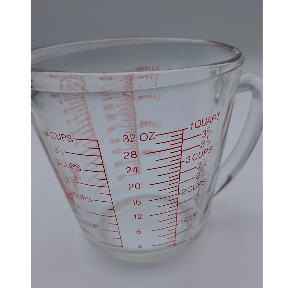 Fire-King Anchor Hocking Glass Measuring Cup 4 Cup 1 Quart Red Lettering Vintage